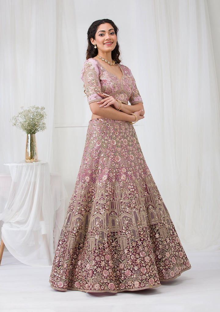 Purple Zariwork Net Semi Stitched Lehenga