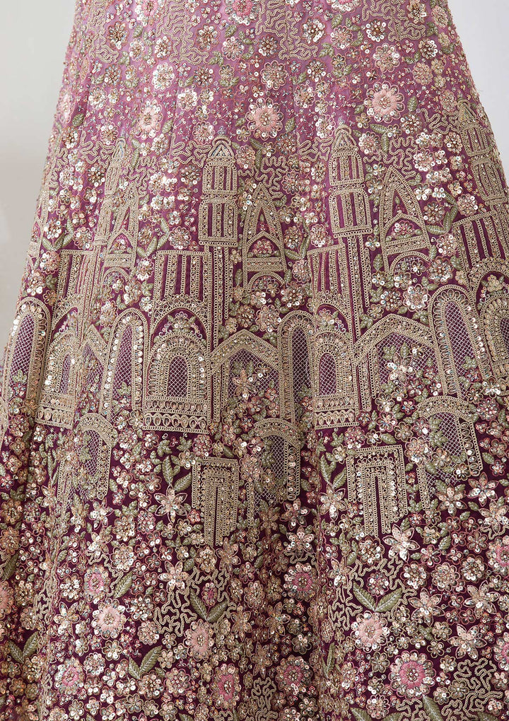 Purple Zariwork Net Semi Stitched Lehenga