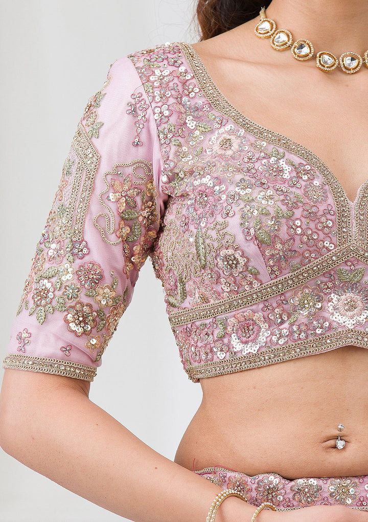 Purple Zariwork Net Semi Stitched Lehenga