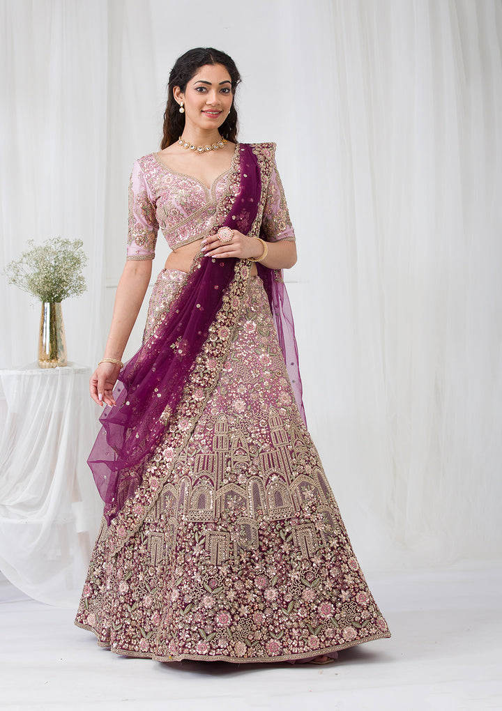 Purple Zariwork Net Semi Stitched Lehenga