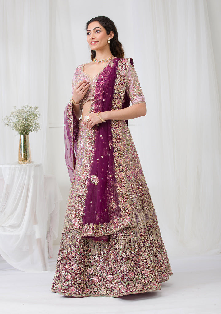 Purple Zariwork Net Semi Stitched Lehenga