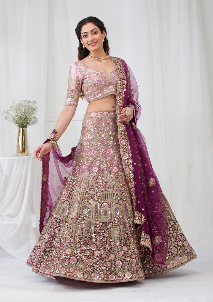 Purple Zariwork Net Semi Stitched Lehenga
