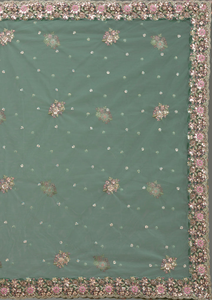 Sea Green Zariwork Tissue Semi Stitched Lehenga
