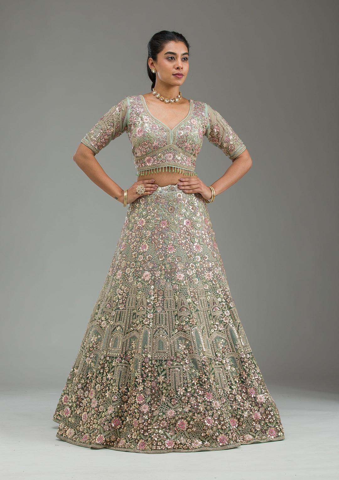 Sea Green Zariwork Tissue Semi Stitched Lehenga