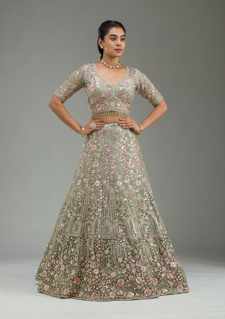 Sea Green Zariwork Tissue Semi Stitched Lehenga