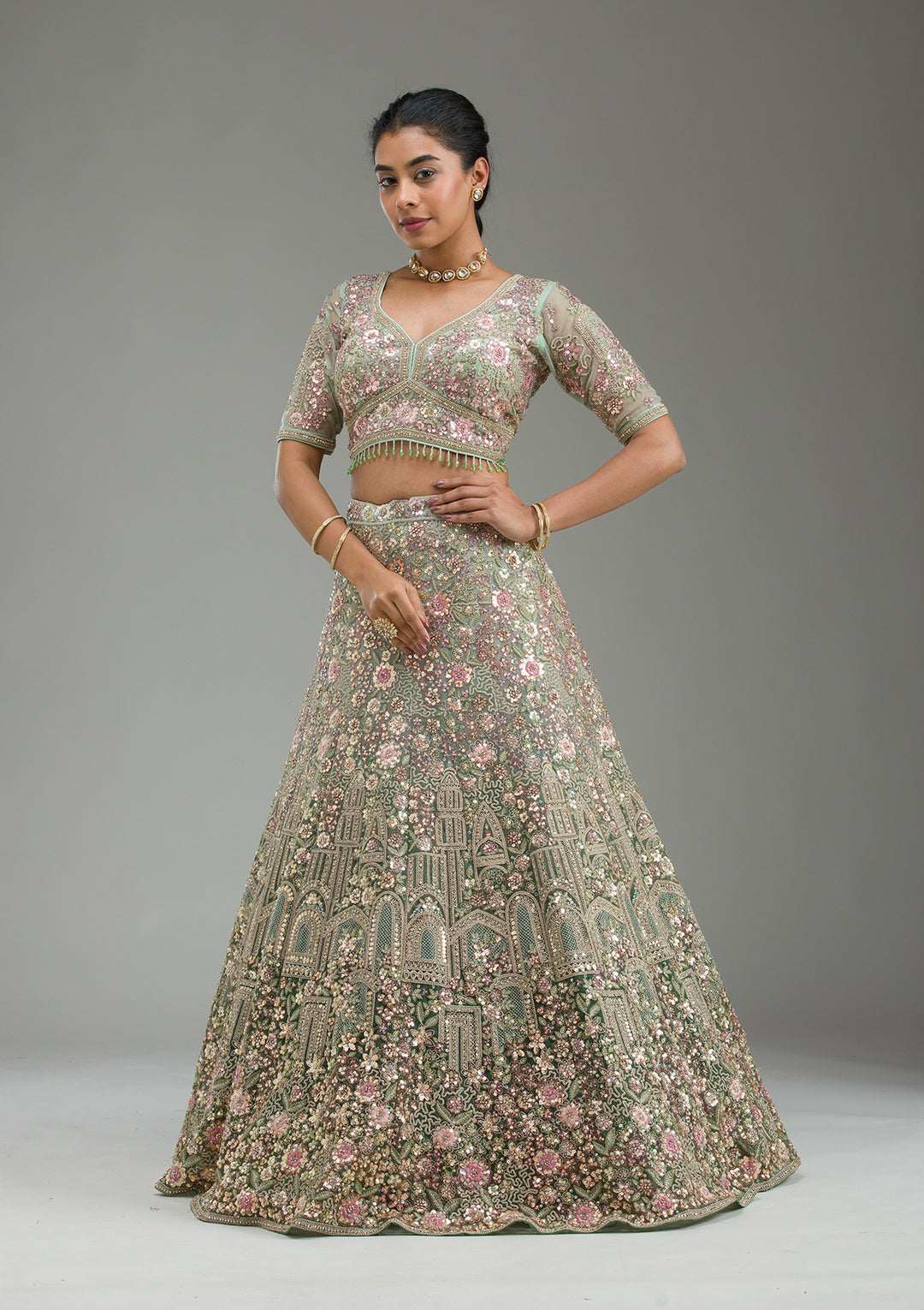 Sea Green Zariwork Tissue Semi Stitched Lehenga