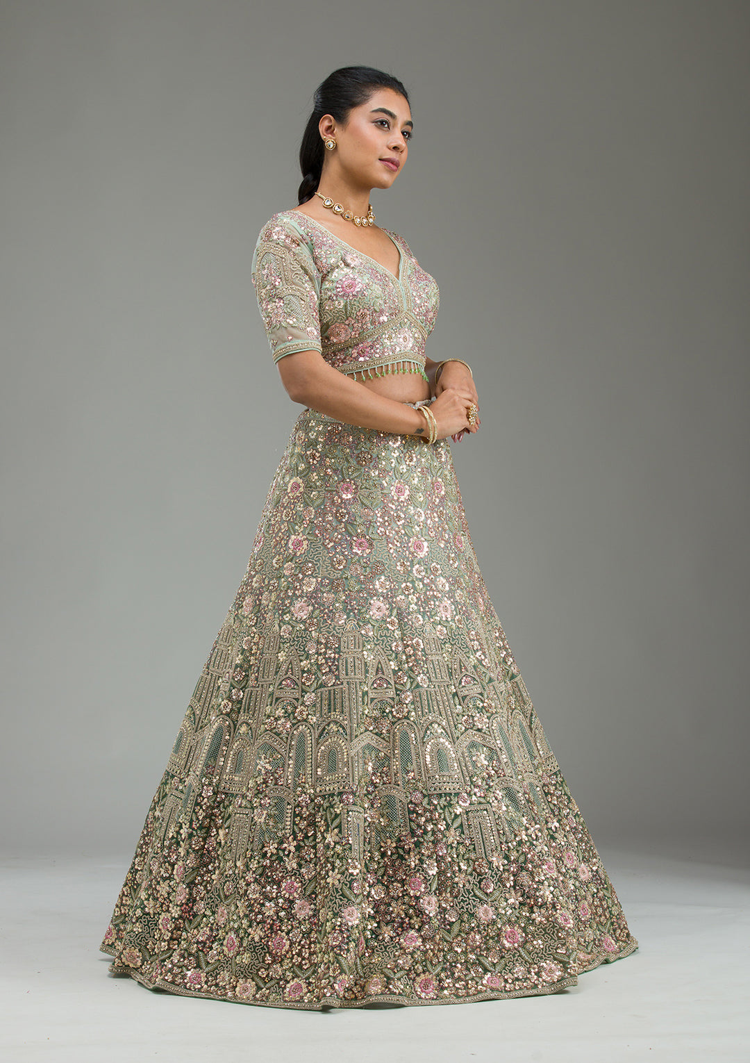 Sea Green Zariwork Tissue Semi Stitched Lehenga