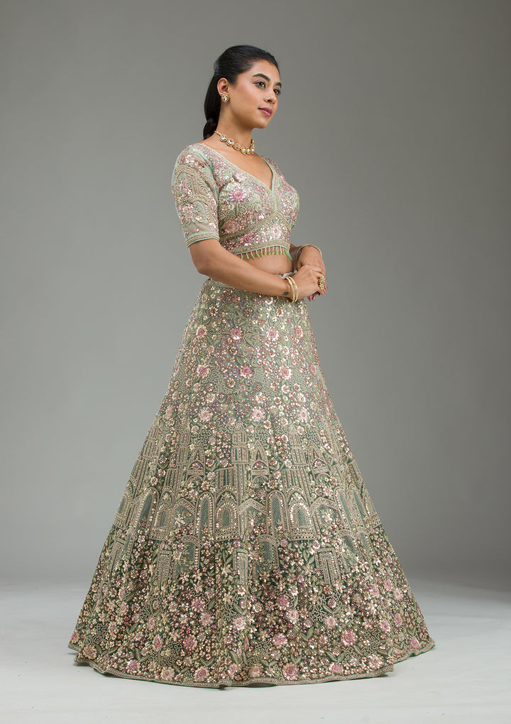 Sea Green Zariwork Tissue Semi Stitched Lehenga