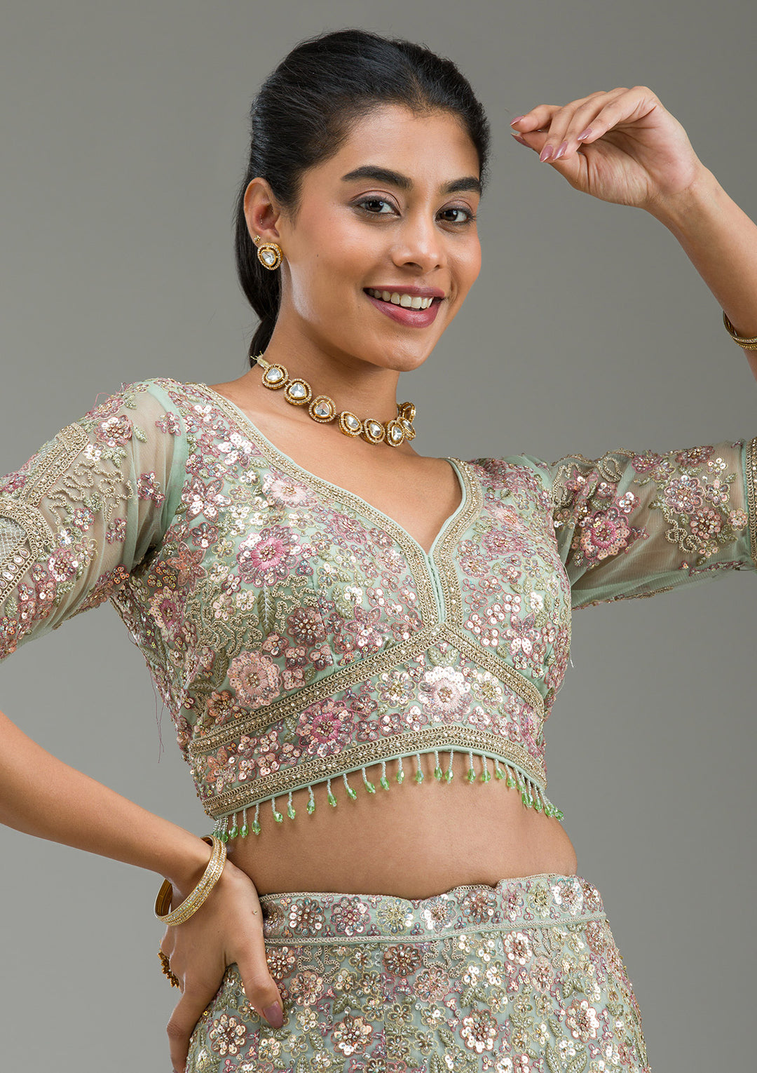 Sea Green Zariwork Tissue Semi Stitched Lehenga