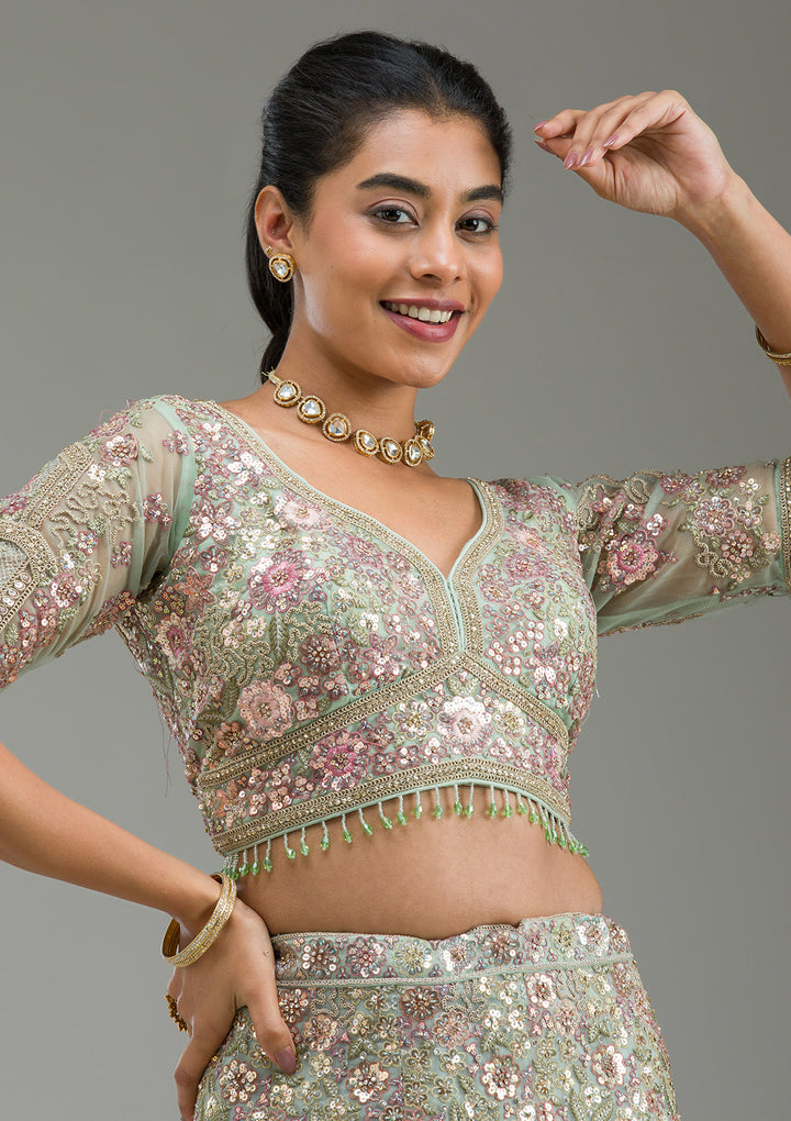 Sea Green Zariwork Tissue Semi Stitched Lehenga