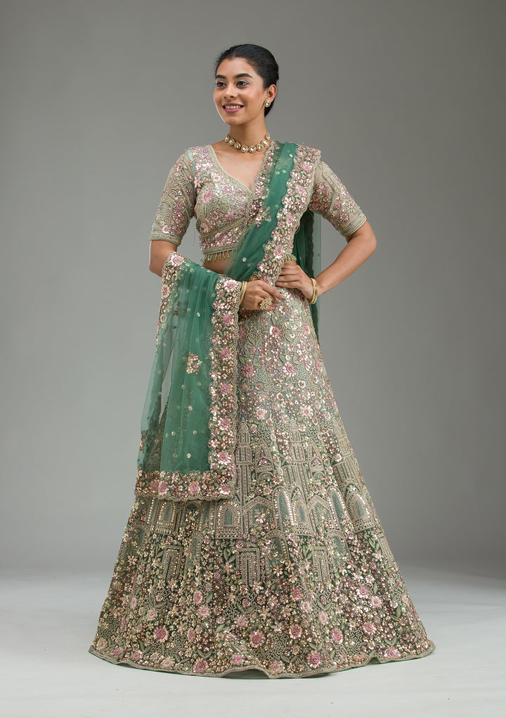 Sea Green Zariwork Tissue Semi Stitched Lehenga