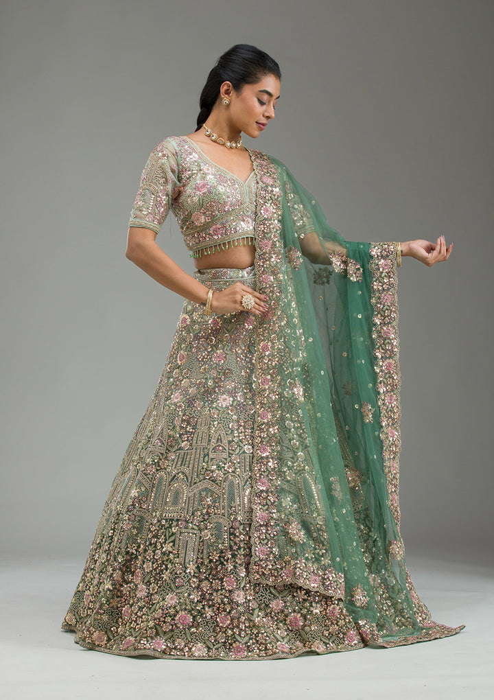 Sea Green Zariwork Tissue Semi Stitched Lehenga