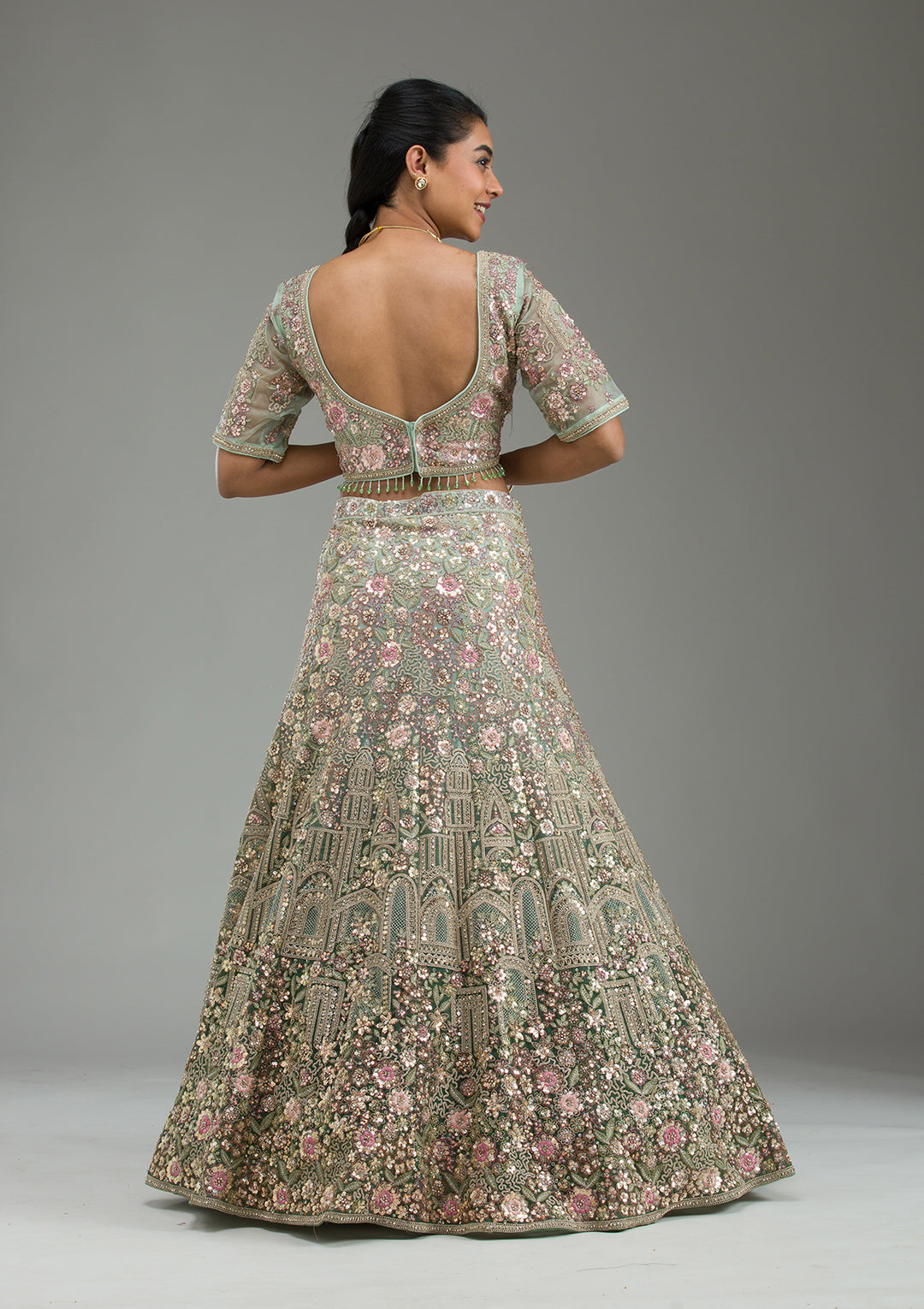 Sea Green Zariwork Tissue Semi Stitched Lehenga