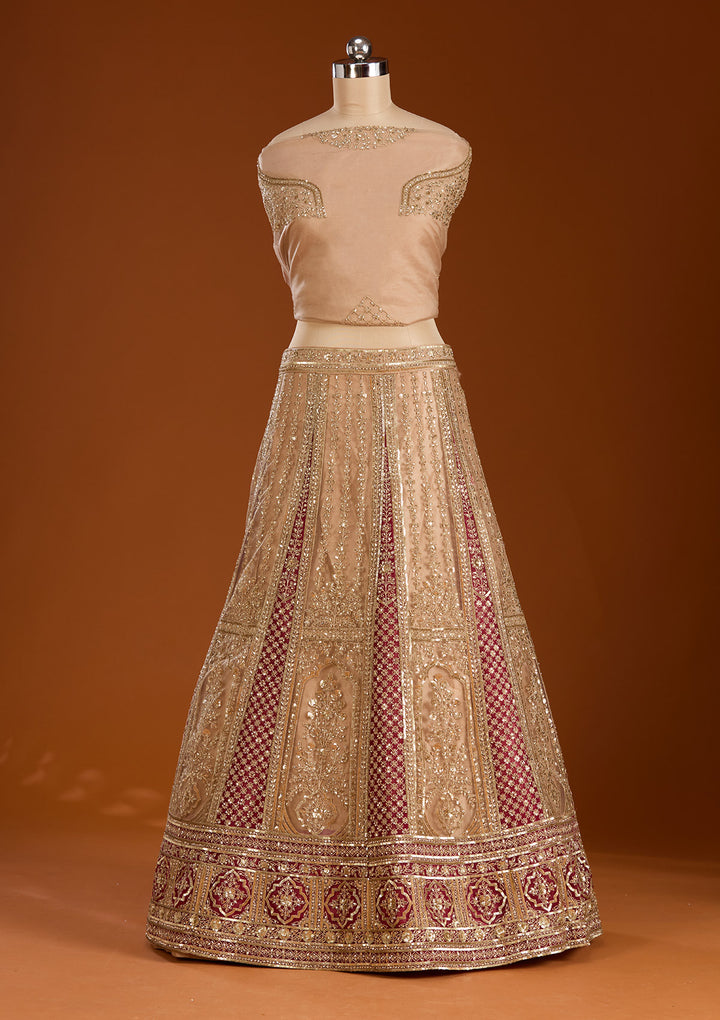 Beige Zariwork Net Semi-Stitched Lehenga
