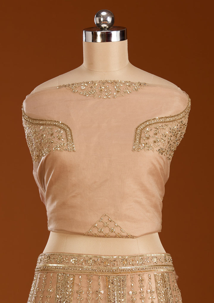 Beige Zariwork Net Semi-Stitched Lehenga