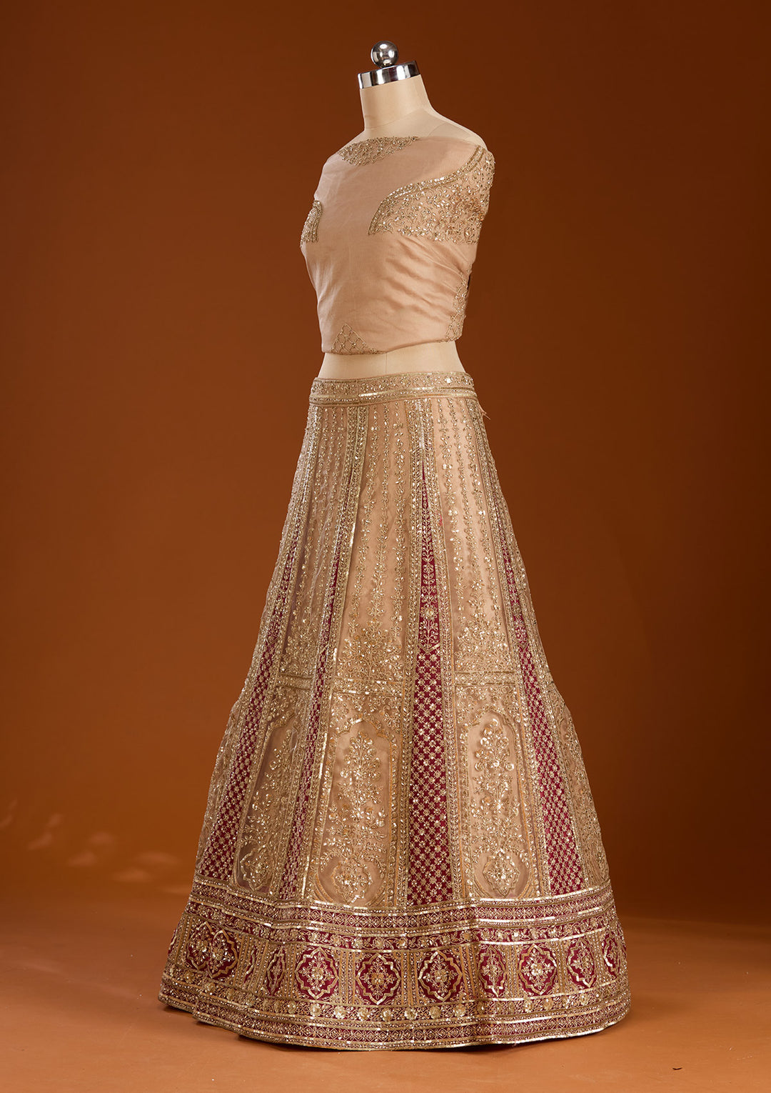 Beige Zariwork Net Semi-Stitched Lehenga