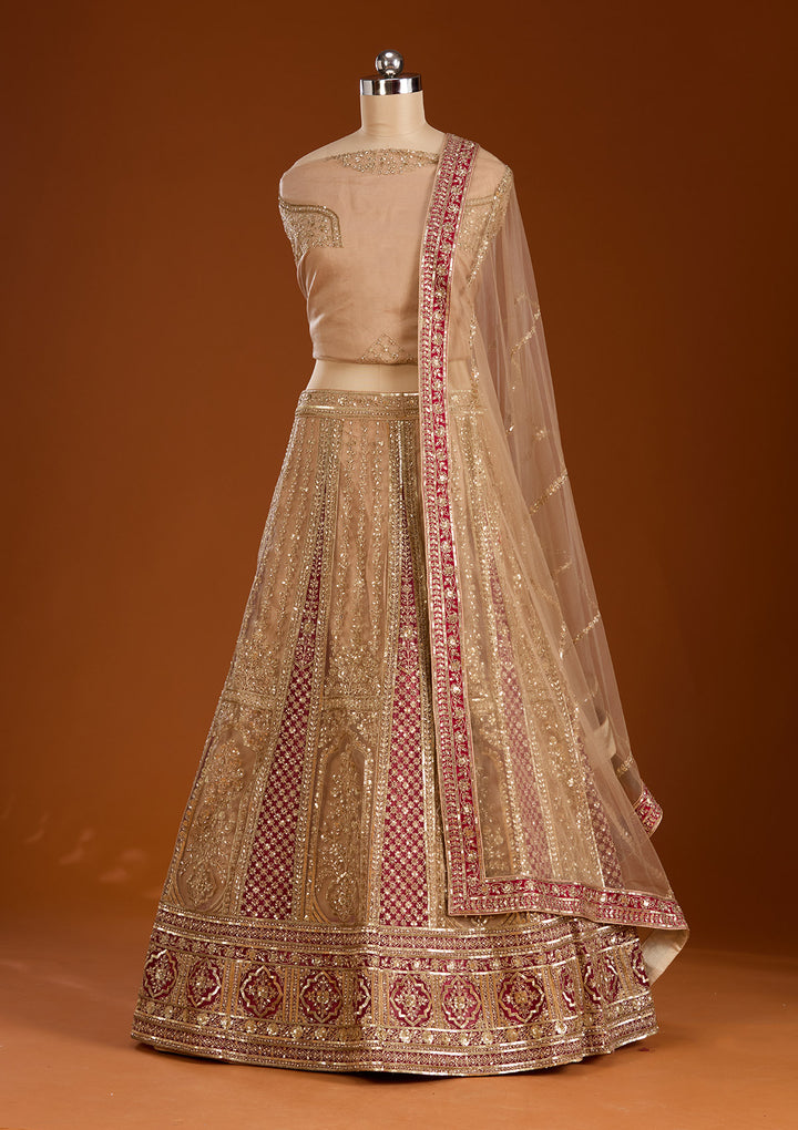 Beige Zariwork Net Semi-Stitched Lehenga