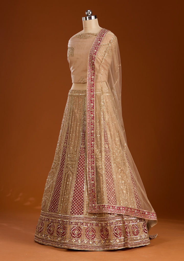 Beige Zariwork Net Semi-Stitched Lehenga