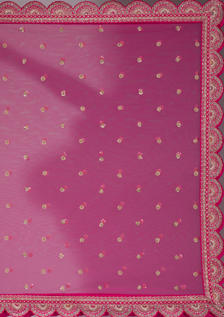 Rani Pink Zardosi Raw Silk Semi-Stitched Lehenga