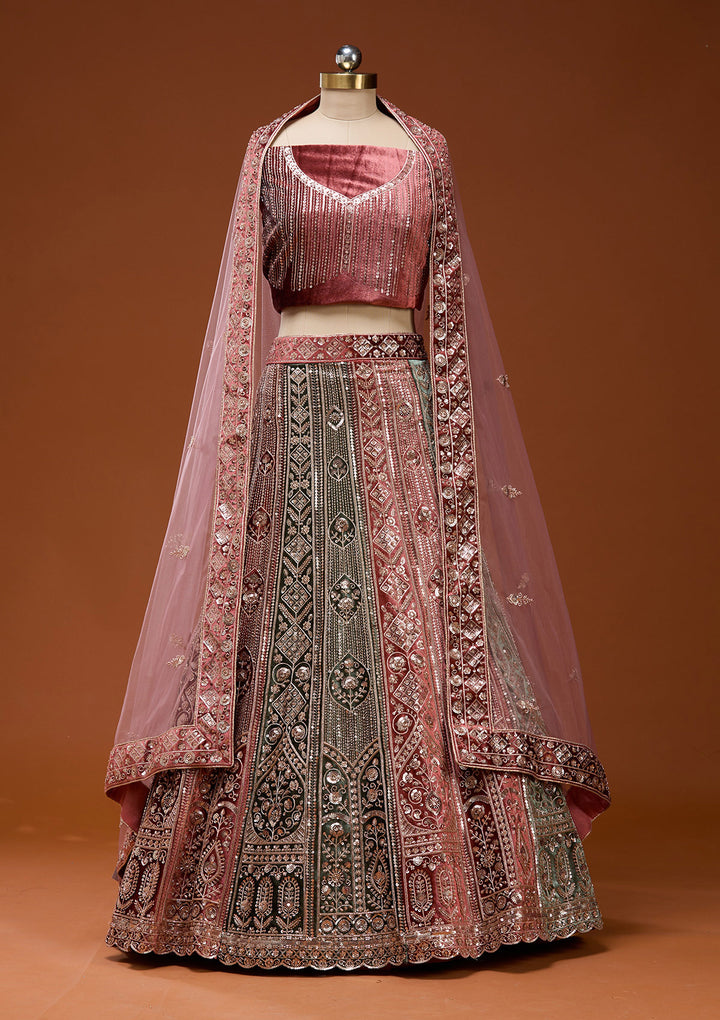 Rust Sequins Velvet Semi-Stitched Lehenga