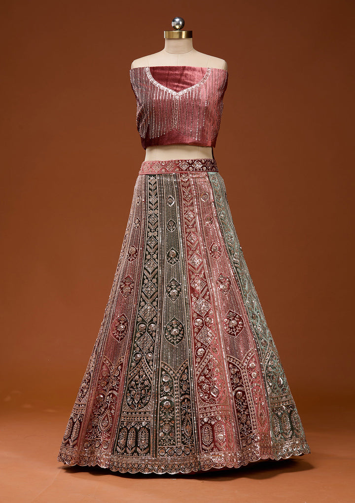 Rust Sequins Velvet Semi-Stitched Lehenga