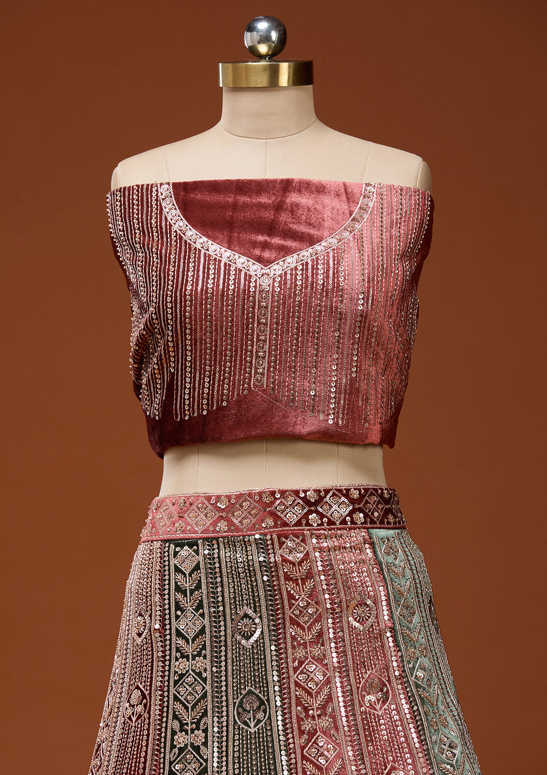 Rust Sequins Velvet Semi-Stitched Lehenga