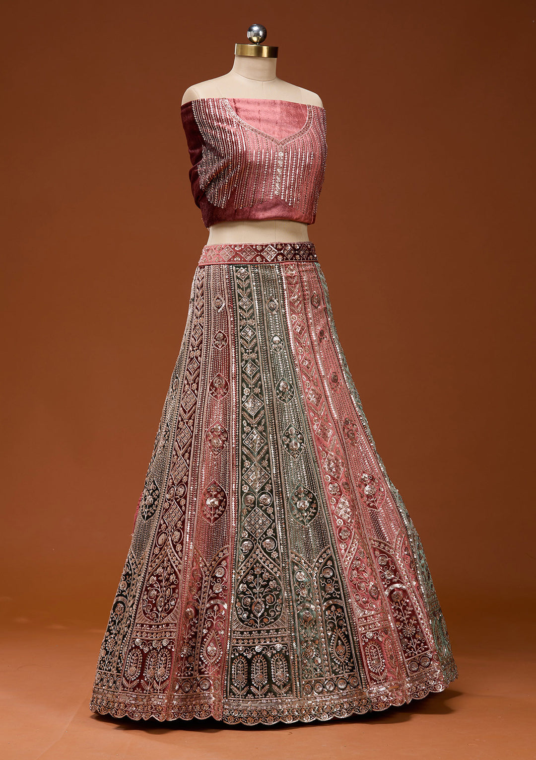 Rust Sequins Velvet Semi-Stitched Lehenga