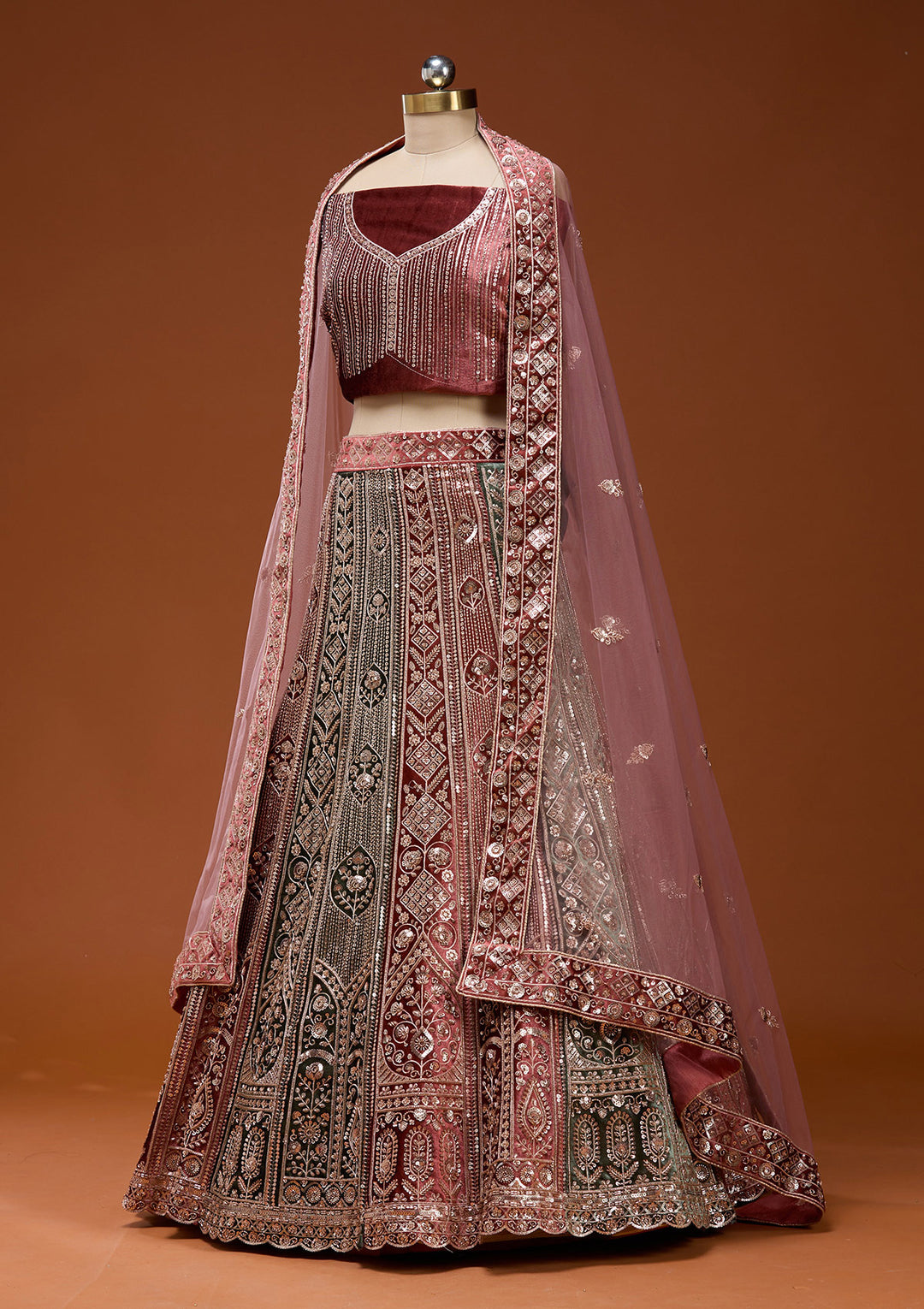 Rust Sequins Velvet Semi-Stitched Lehenga