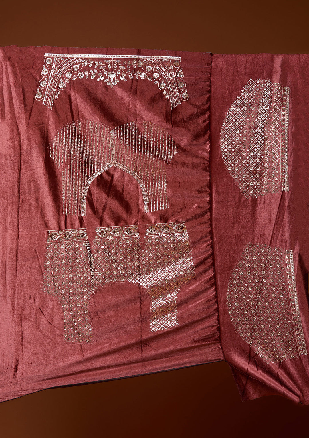 Rust Sequins Velvet Semi-Stitched Lehenga