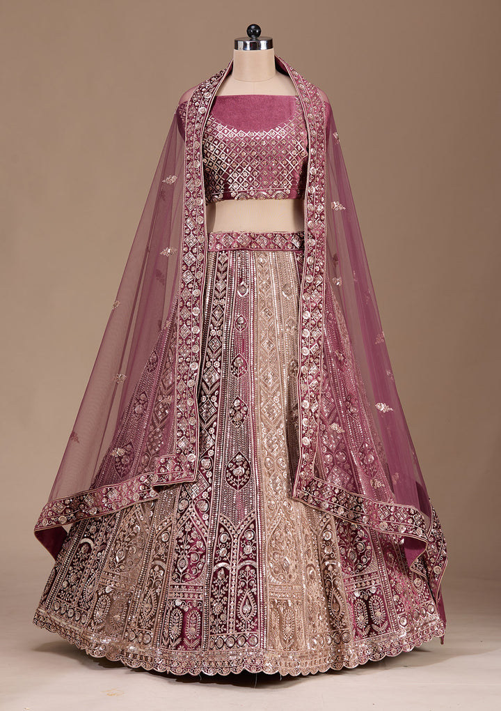 Wine Sequins Velvet Semi-Stitched Lehenga