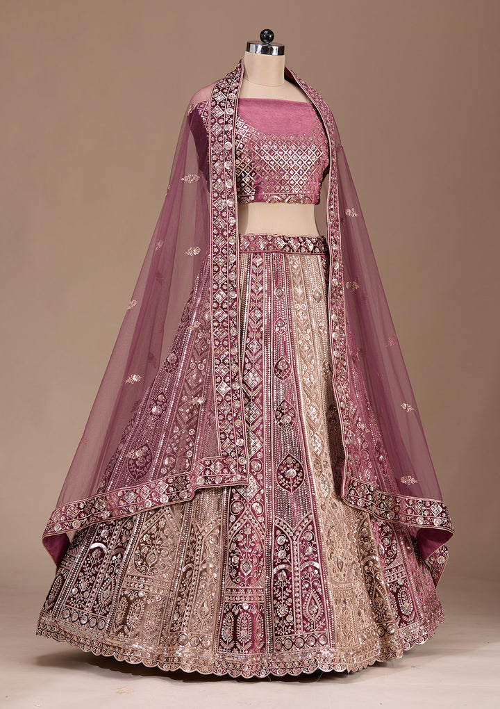 Wine Sequins Velvet Semi-Stitched Lehenga