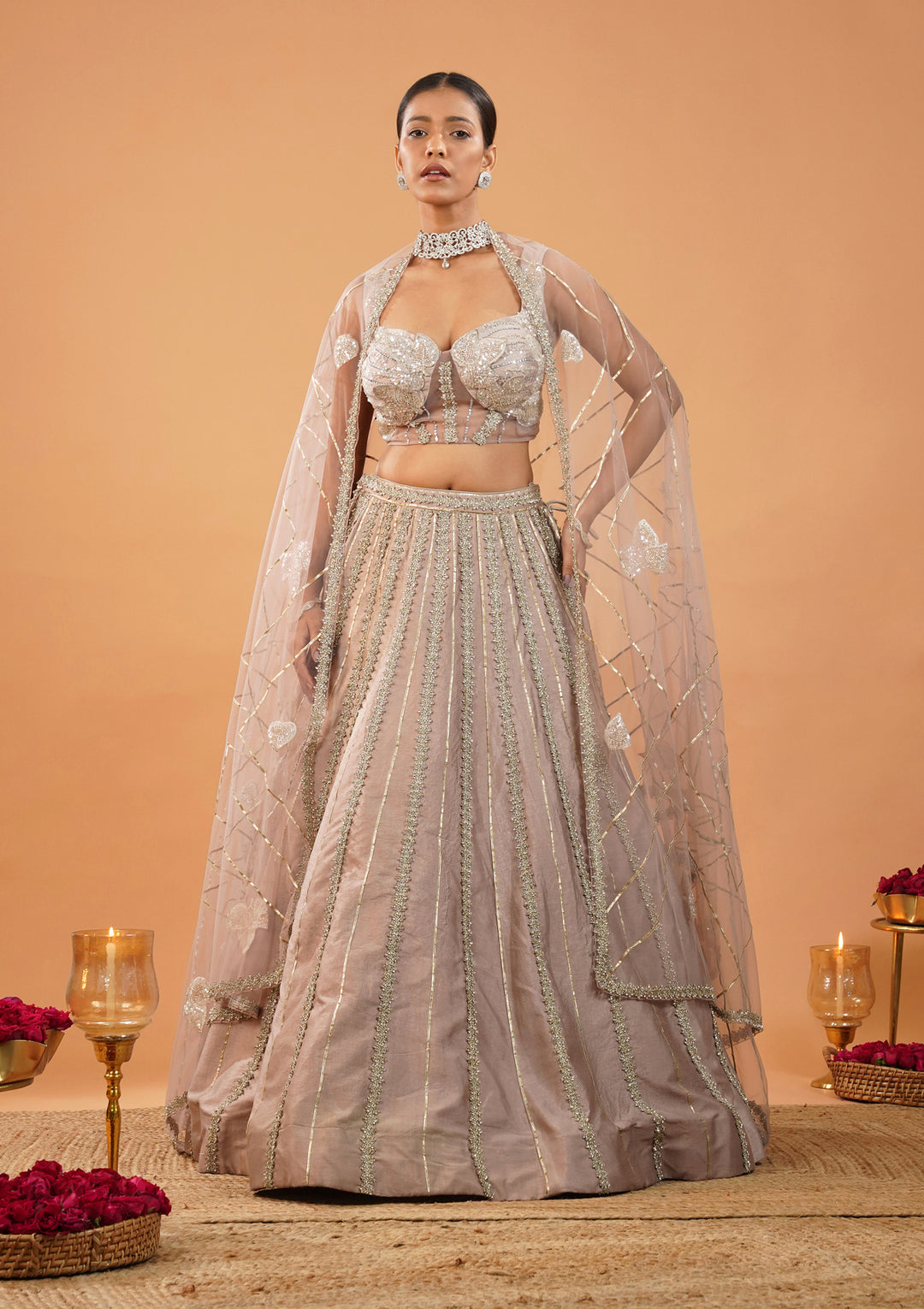 Lavender Stonework Net Readymade Lehenga
