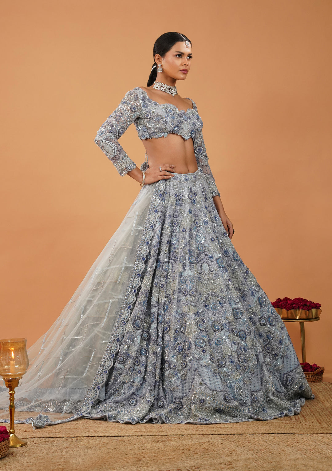 Sky Blue Cutdana Net Readymade Lehenga