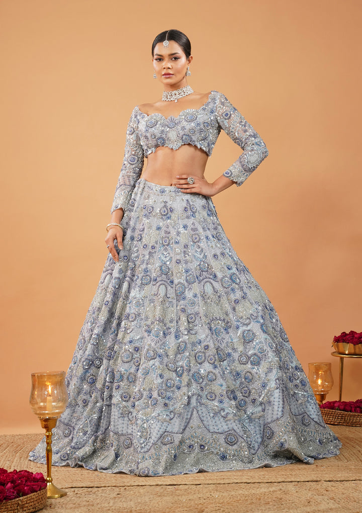 Sky Blue Cutdana Net Readymade Lehenga