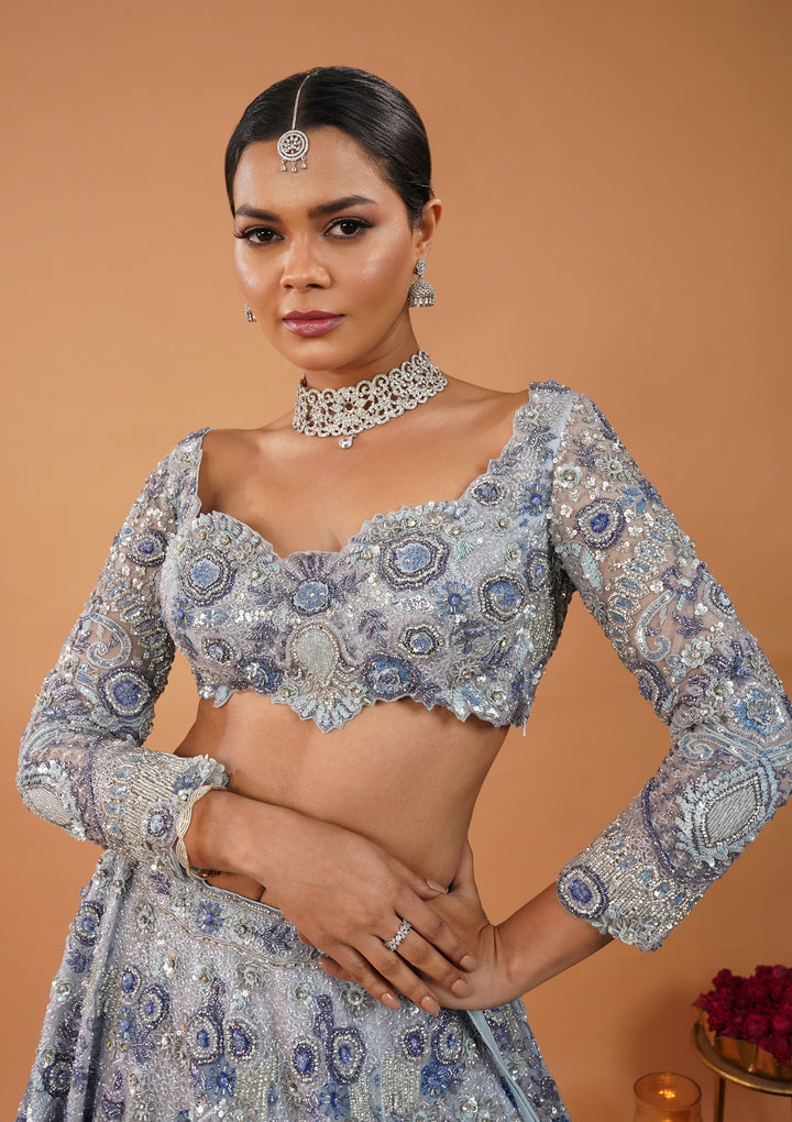 Sky Blue Cutdana Net Readymade Lehenga