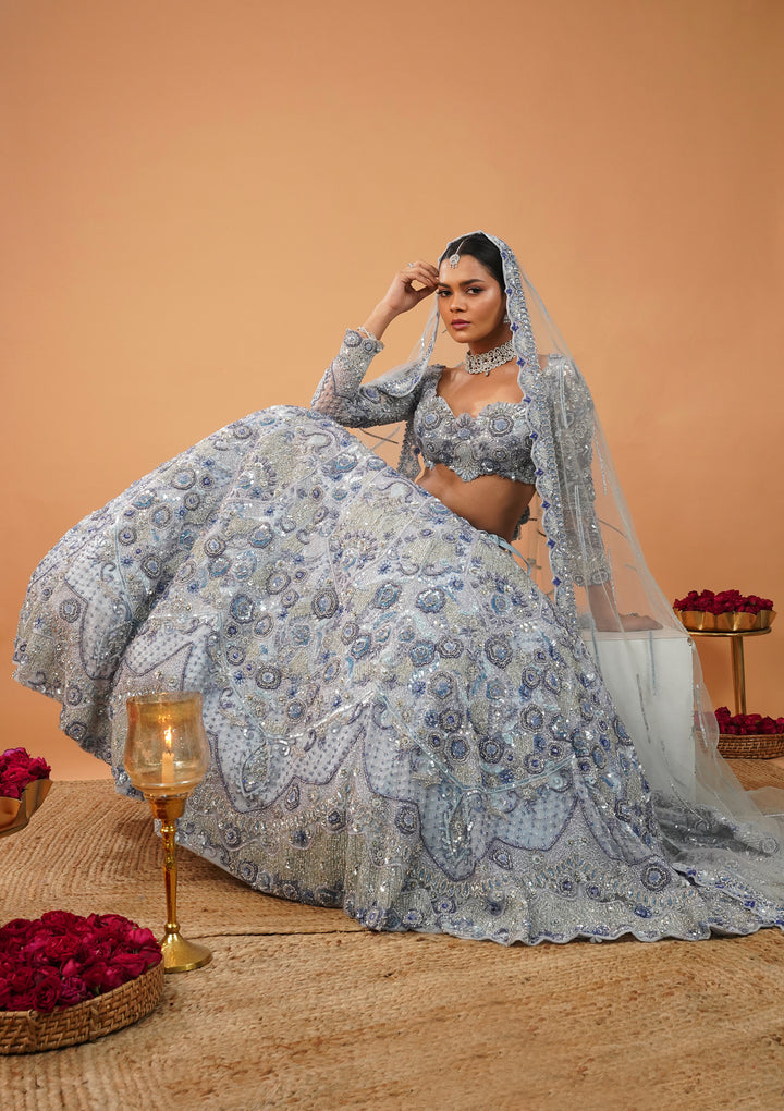 Sky Blue Cutdana Net Readymade Lehenga