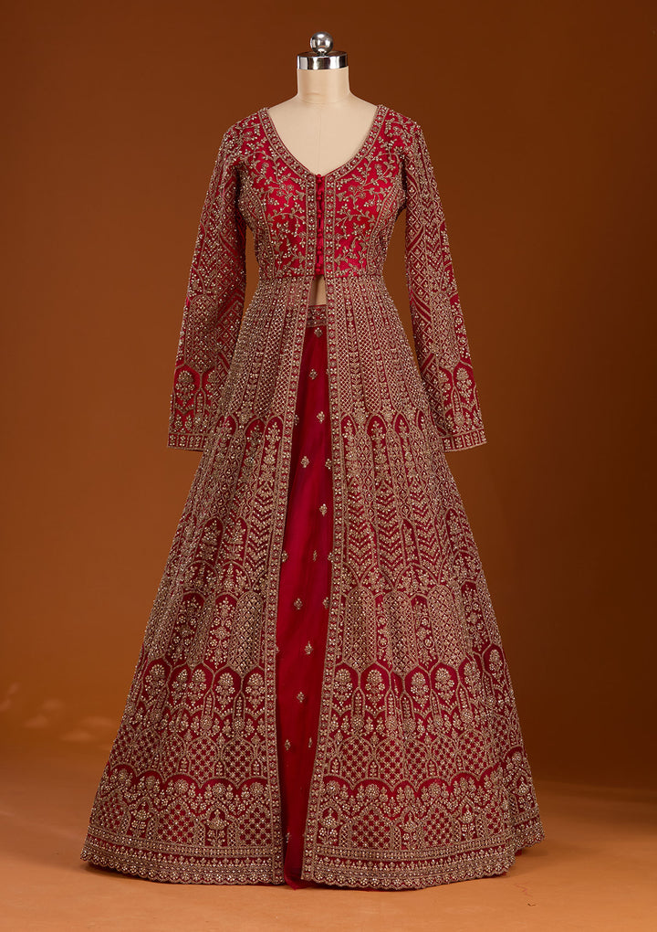 Maroon Zariwork Net Readymade Lehenga