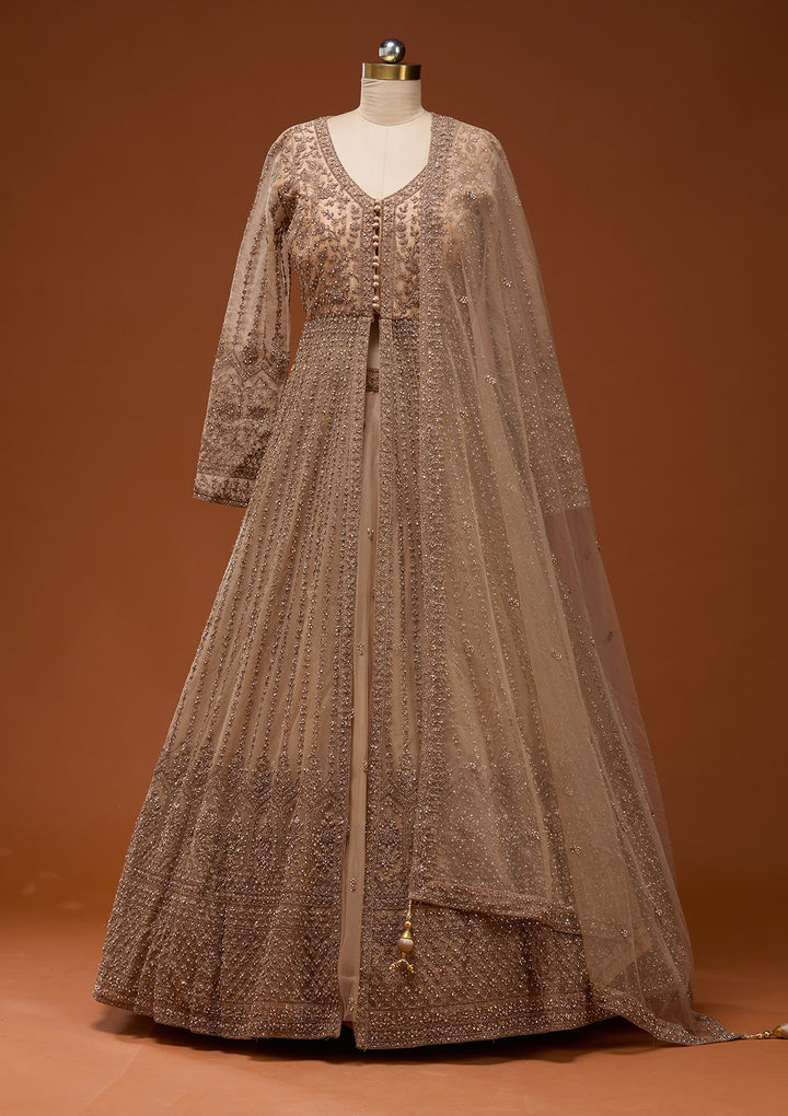 Beige Stonework Net Readymade Lehenga