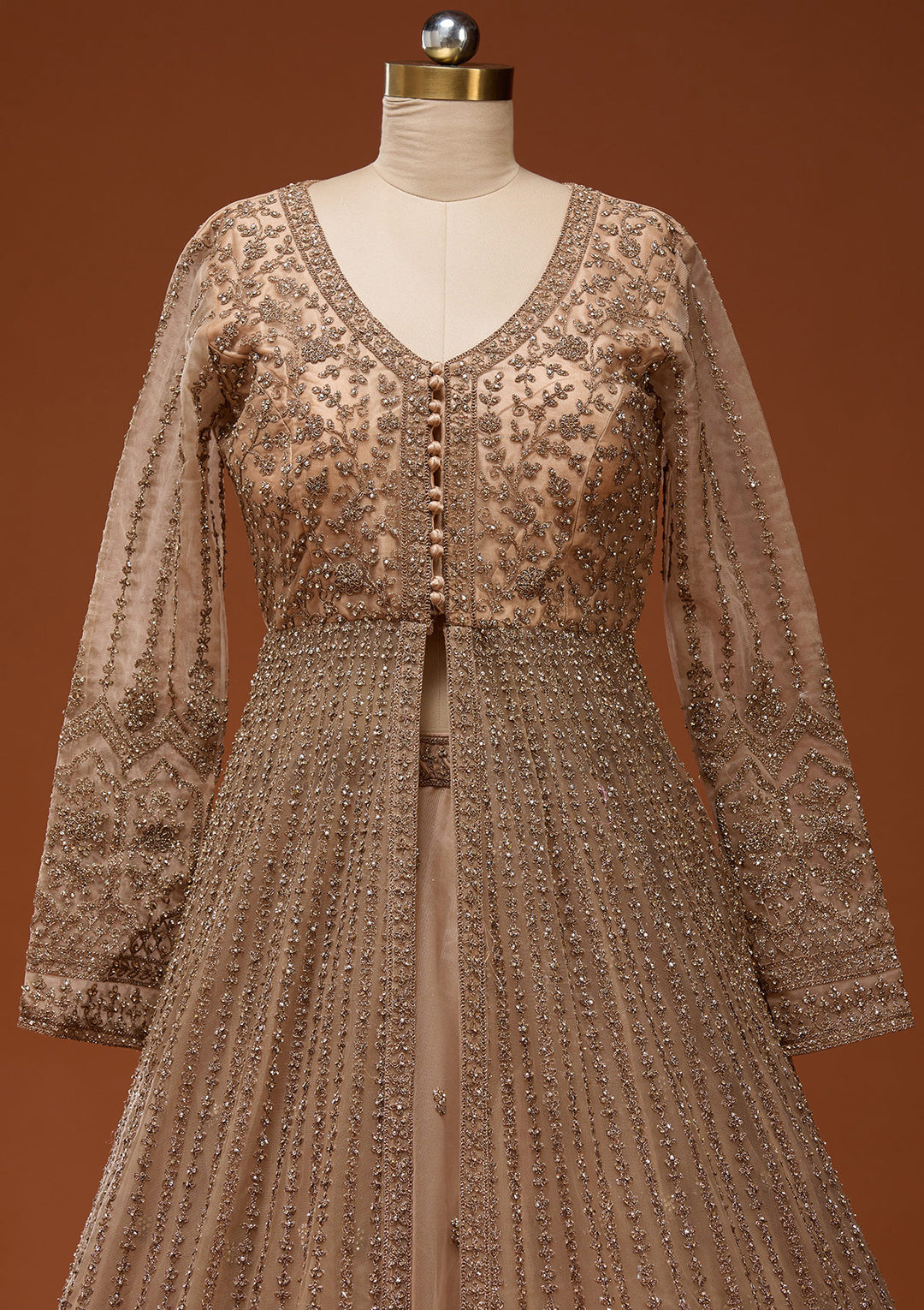 Beige Stonework Net Readymade Lehenga