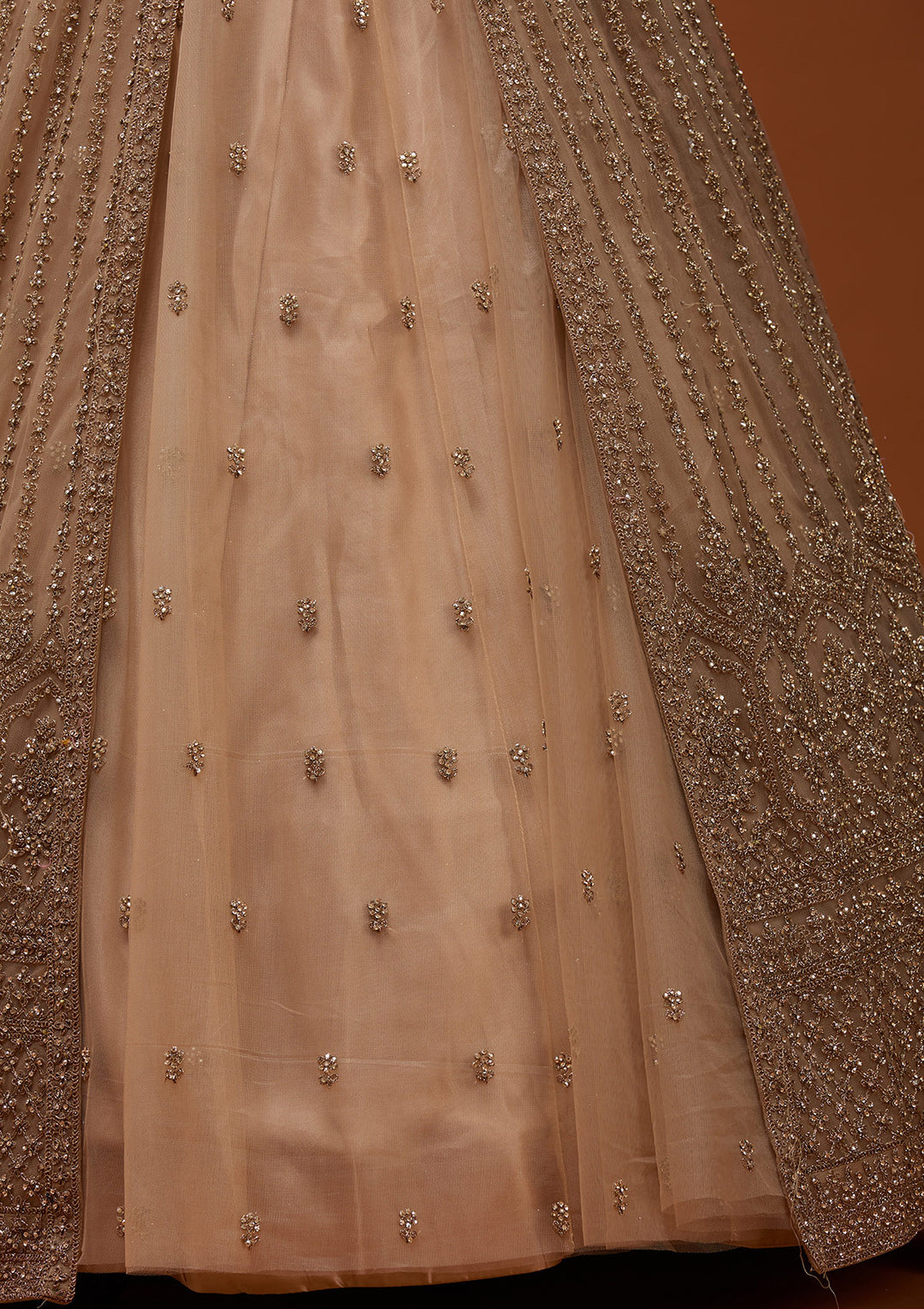 Beige Stonework Net Readymade Lehenga