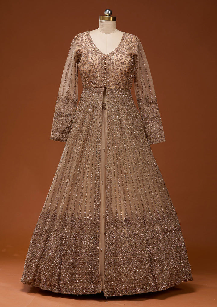 Beige Stonework Net Readymade Lehenga