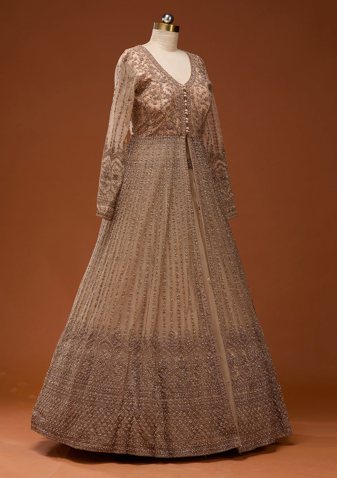 Beige Stonework Net Readymade Lehenga