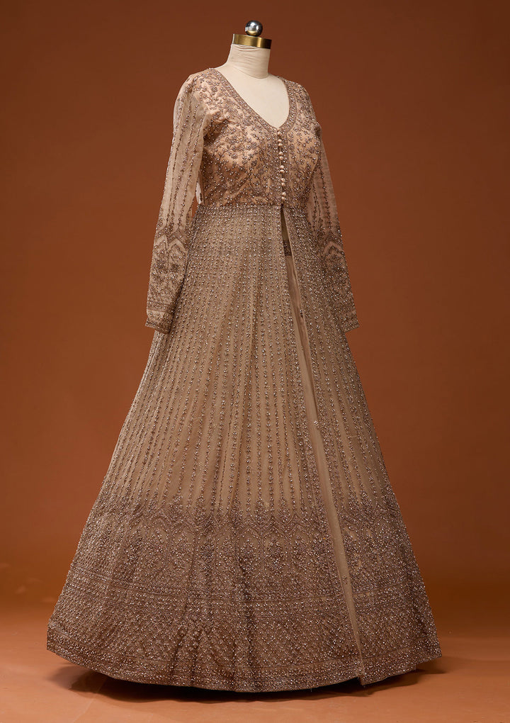 Beige Stonework Net Readymade Lehenga