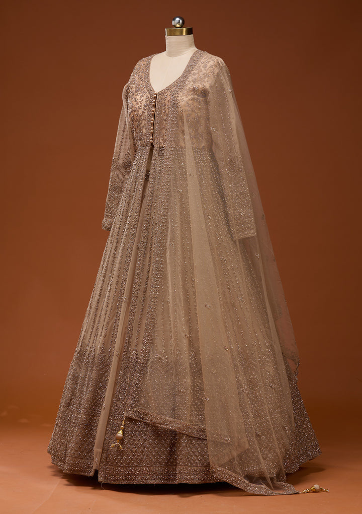 Beige Stonework Net Readymade Lehenga