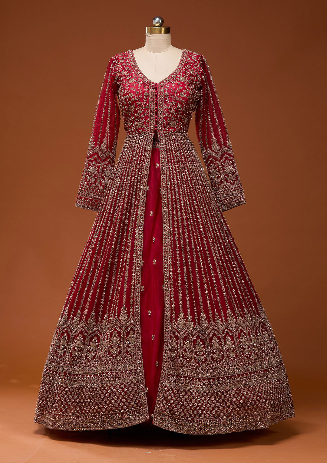 Maroon Stonework Net Readymade Lehenga