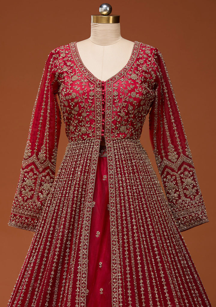 Maroon Stonework Net Readymade Lehenga