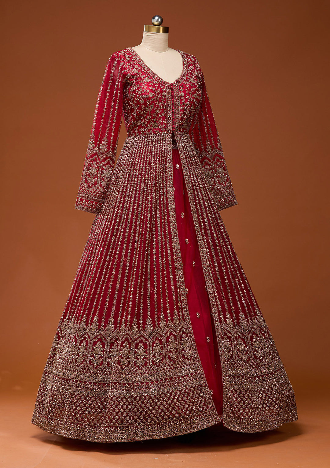 Maroon Stonework Net Readymade Lehenga