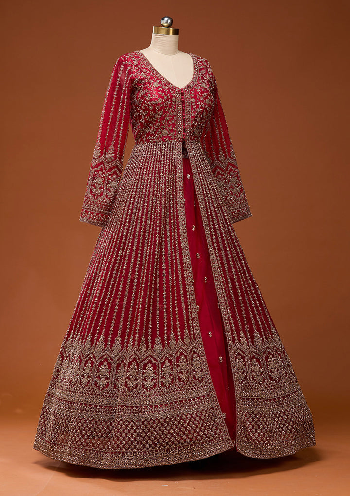 Maroon Stonework Net Readymade Lehenga
