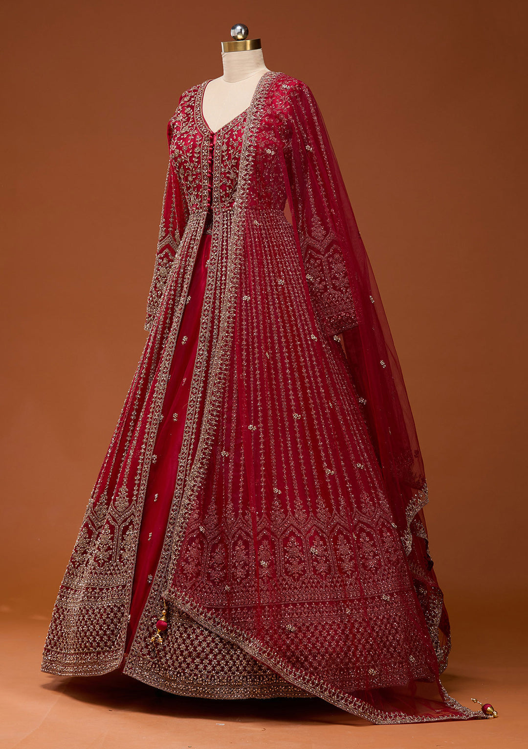 Maroon Stonework Net Readymade Lehenga