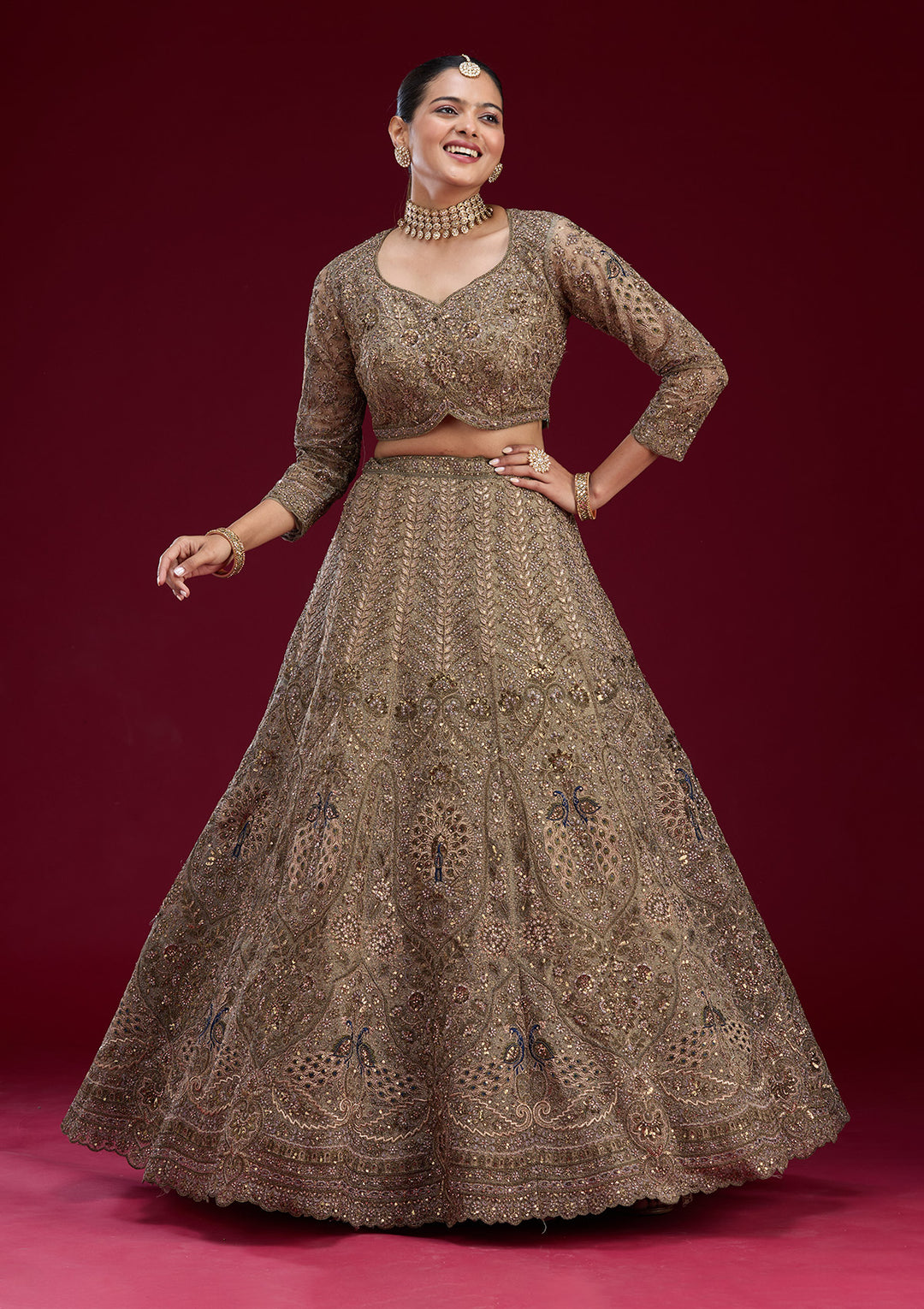 Mehendi Zariwork Net Semi Stitched Lehenga
